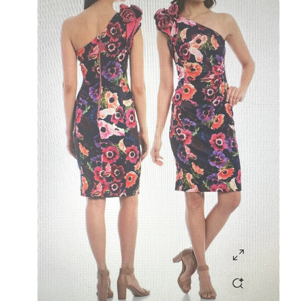 Alex Marie Floral One Shoulder Rosette Sheath Dress Navy Pink Size 12